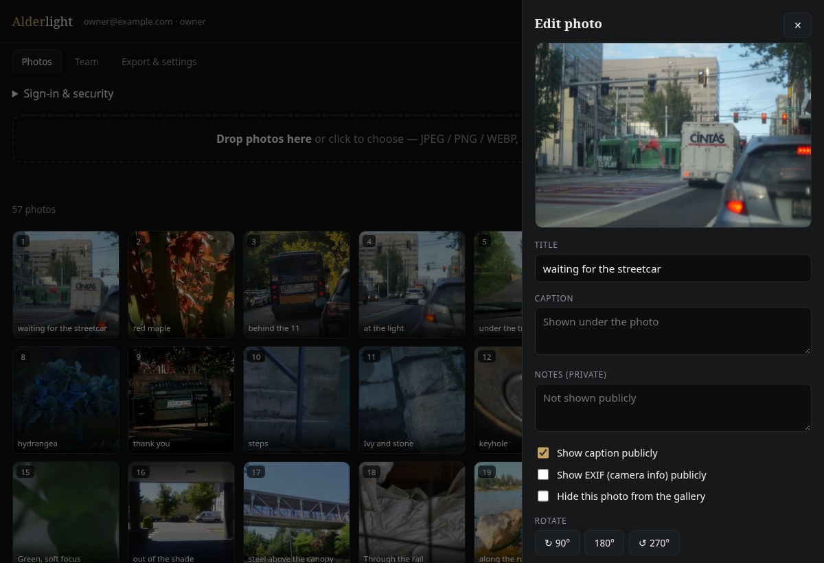 Photo editing drawer with title, caption, visibility, rotation and replacement controls