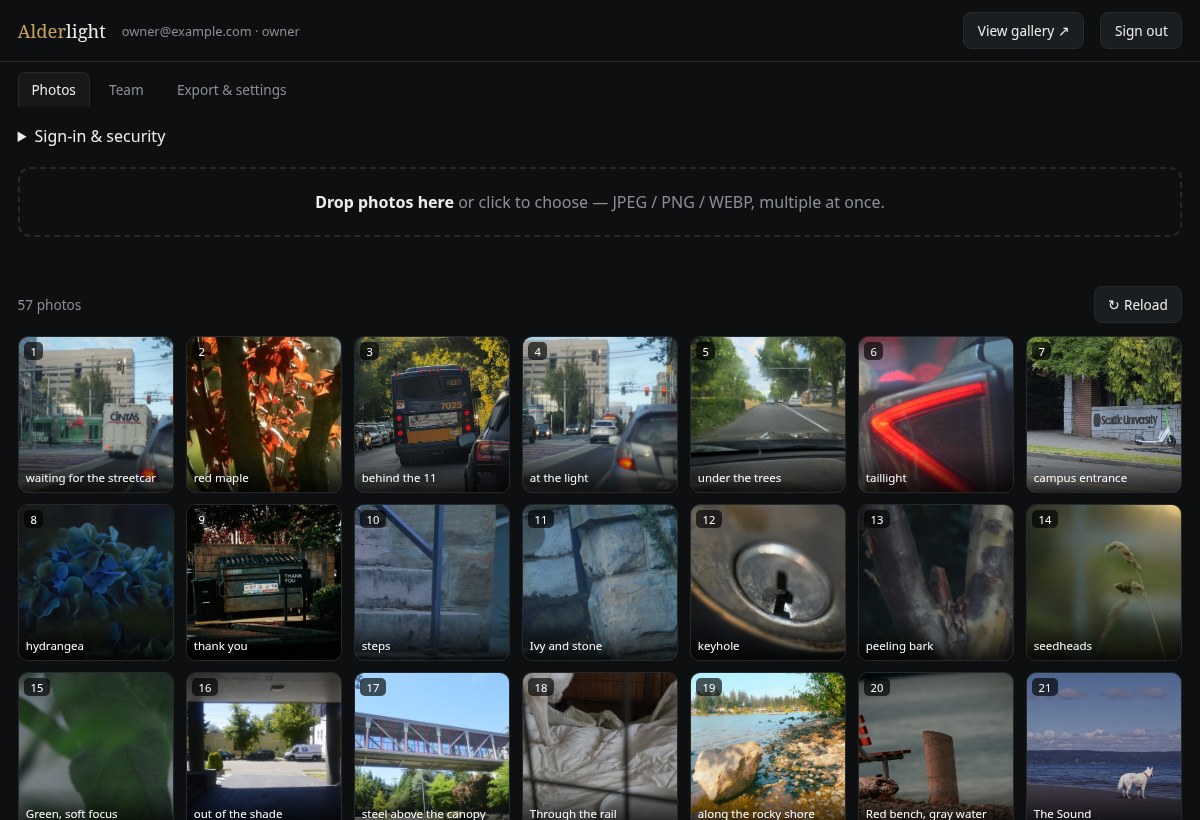 Alderlight photo manager with upload area and an ordered photo grid
